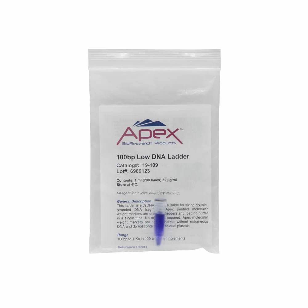 Apex Bioresearch Products 19-109 Apex 100bp-Low DNA Ladder, 200 Gel Lanes, 100bp - 1kb, 1ml/Unit primary image