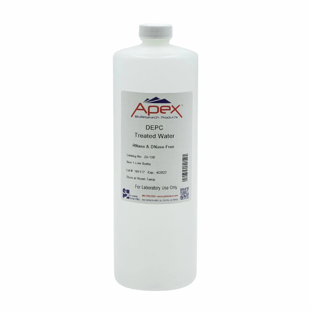 Apex Bioresearch Products 20-138 DEPC Treated Water, 1L, RNase, DNase FREE, Sterile, 1 Bottle/Unit primary image