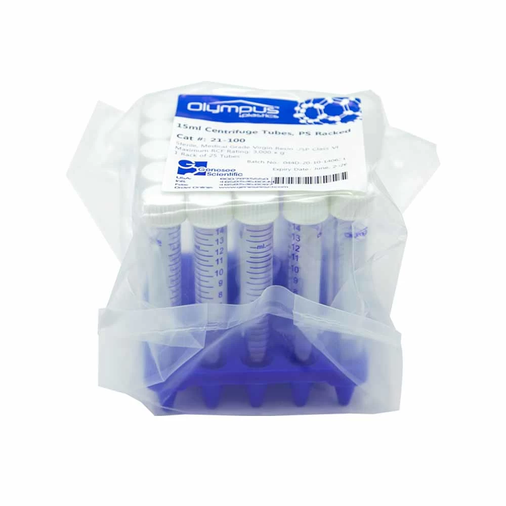 Olympus Plastics 21-100, 15ml Conical Centrifuge Tubes, Polystyrene Racked, Sterile, 10 Racks of 50 Tubes, 500/Unit primary image