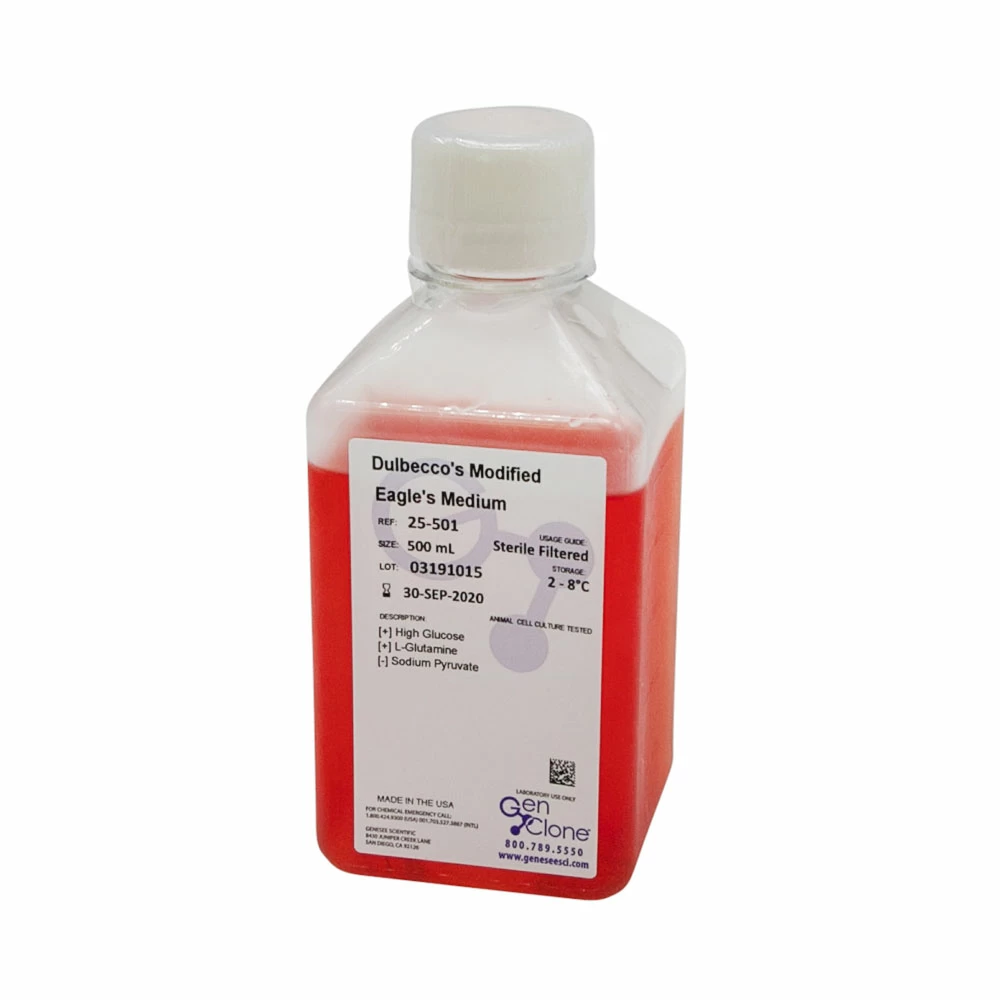 GenClone 25-501 DMEM, High Glucose, with L-Glutamine, without Sodium Pyruvate, 6 x 500 mL/Unit primary image