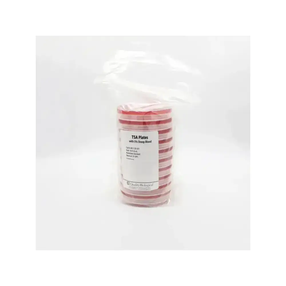 Quality Biological Inc 441-120-231 TSA Plates with 5% Sheep Blood, TSA Plt w/5% SB,25ml, 100 Plates/Unit Primary Image