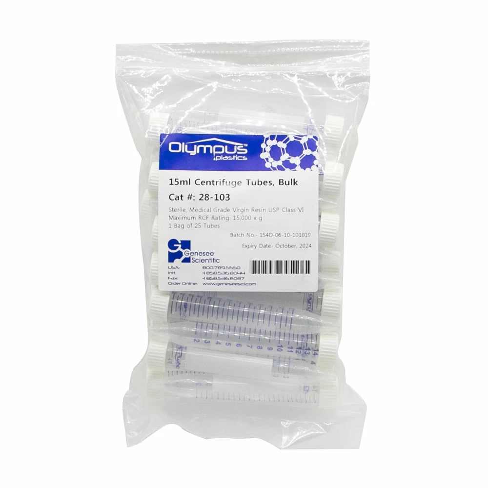 Olympus Plastics 28-103, 15ml Conical Centrifuge Tubes, Polypropylene Bulk, Sterile, 20 Bags of 25 Tubes, 500/Unit tertiary image