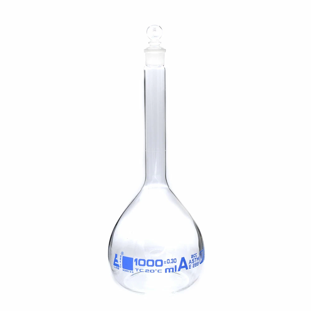 Volumetric flasks in polypropylene (PP), Plastibrand, class B, with PP-stopper  , blue printing