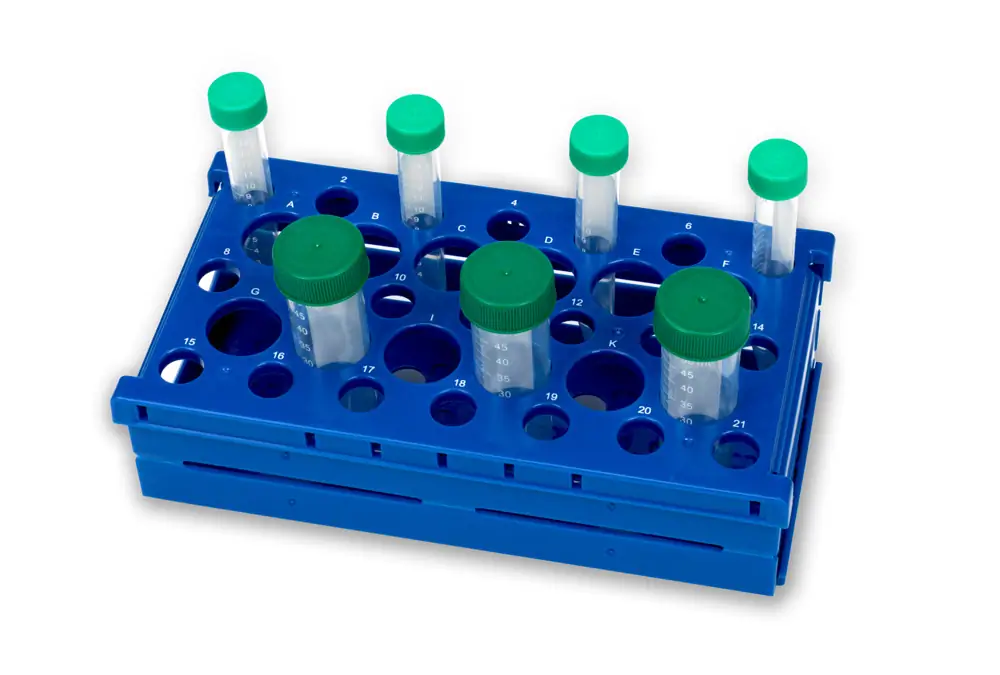 Genesee Scientific 93-230 Pop-Up Tube Rack 15/50 mL Combo, Blue, 2 Racks/Unit Primary Image