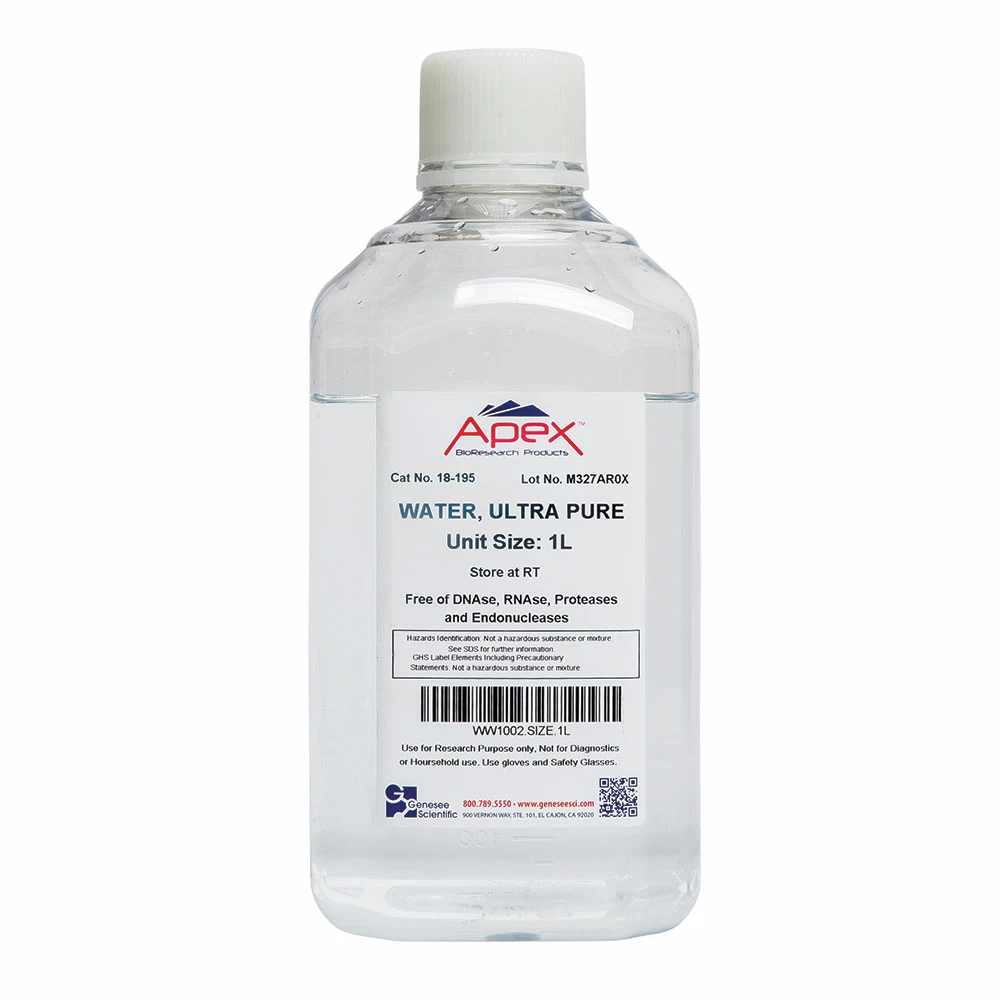 Apex Bioresearch Products 18-196 Water, Ultra Pure, Sterile, Molecular Biology Grade, 4 x 1L/Unit primary image