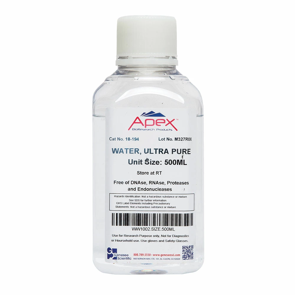 Apex Bioresearch Products 18-194 Water, Ultra Pure, Sterile, Molecular Biology Grade, 500ml/Unit primary image