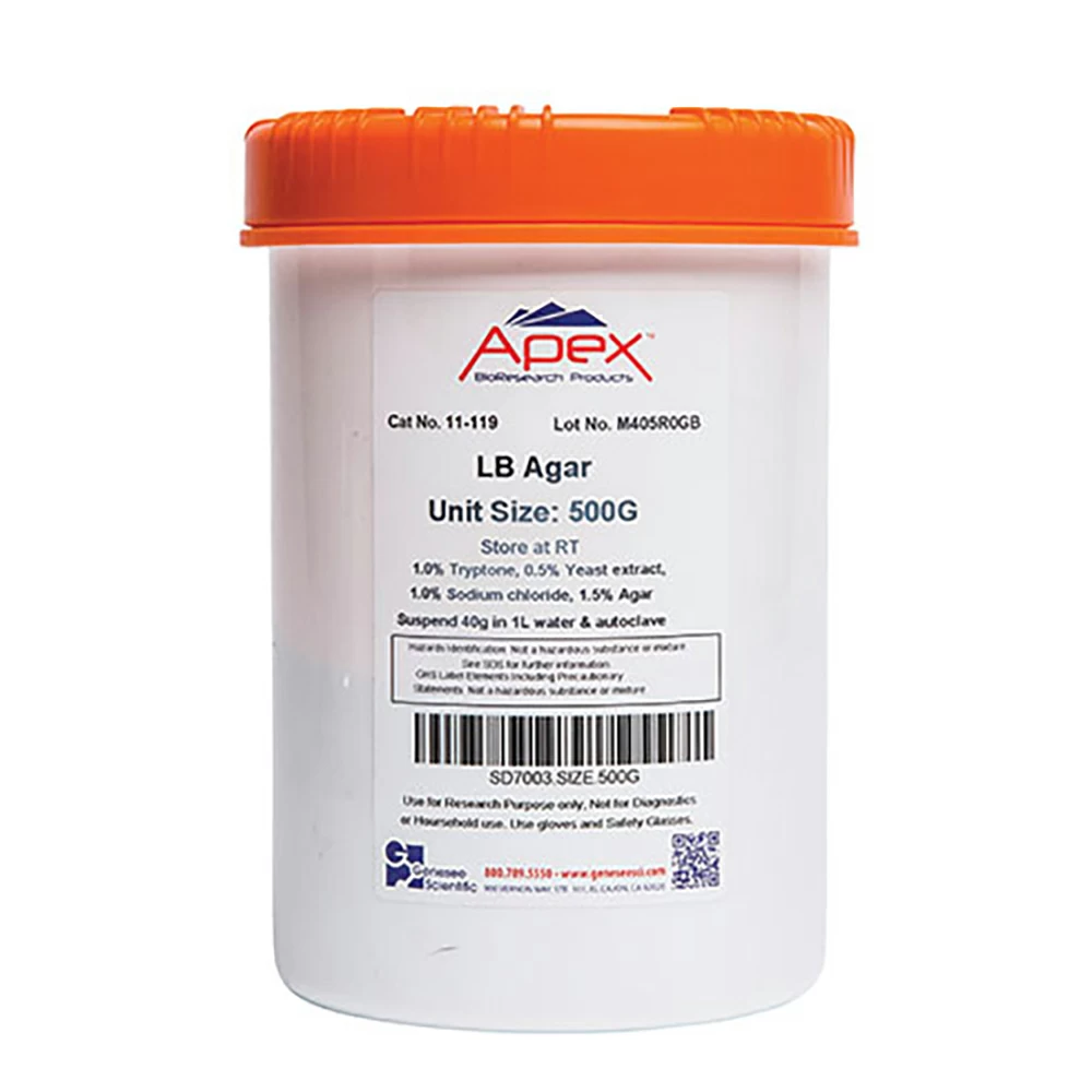 Apex Bioresearch Products 11-119 LB Agar (Miller) Mix, 500g, High Salt, Powder Premix, 500g/Unit primary image