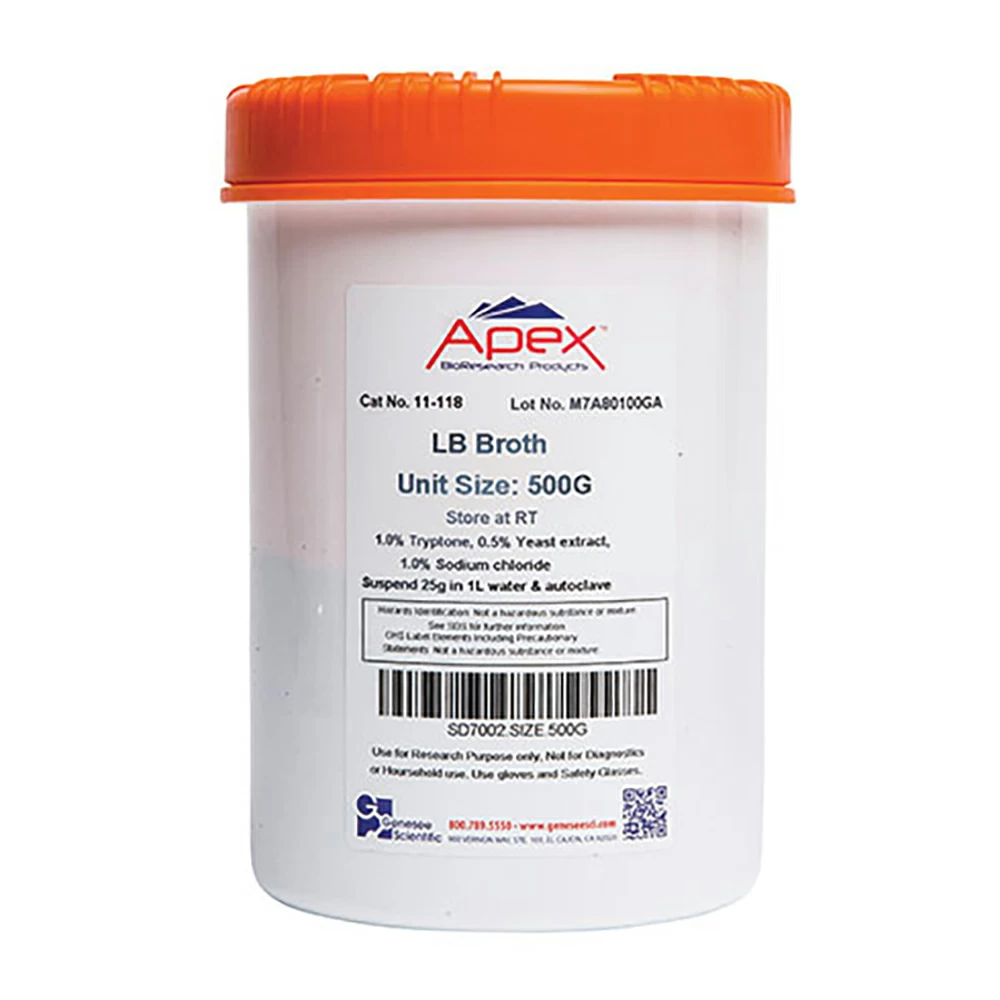 Apex Bioresearch Products 11-118 LB Broth (Miller) Mix, 500g, High Salt, Powder Premix, 500g/Unit primary image